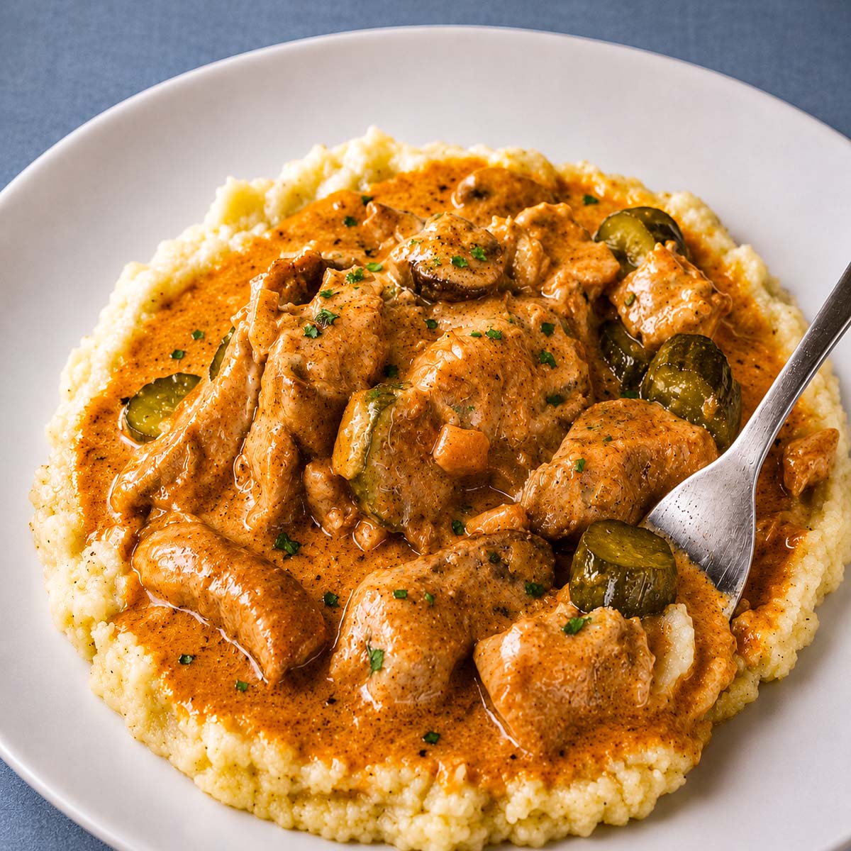 Creamy pork stroganoff with mushrooms and pickles over mashed potatoes with a spoon in rich paprika sauce