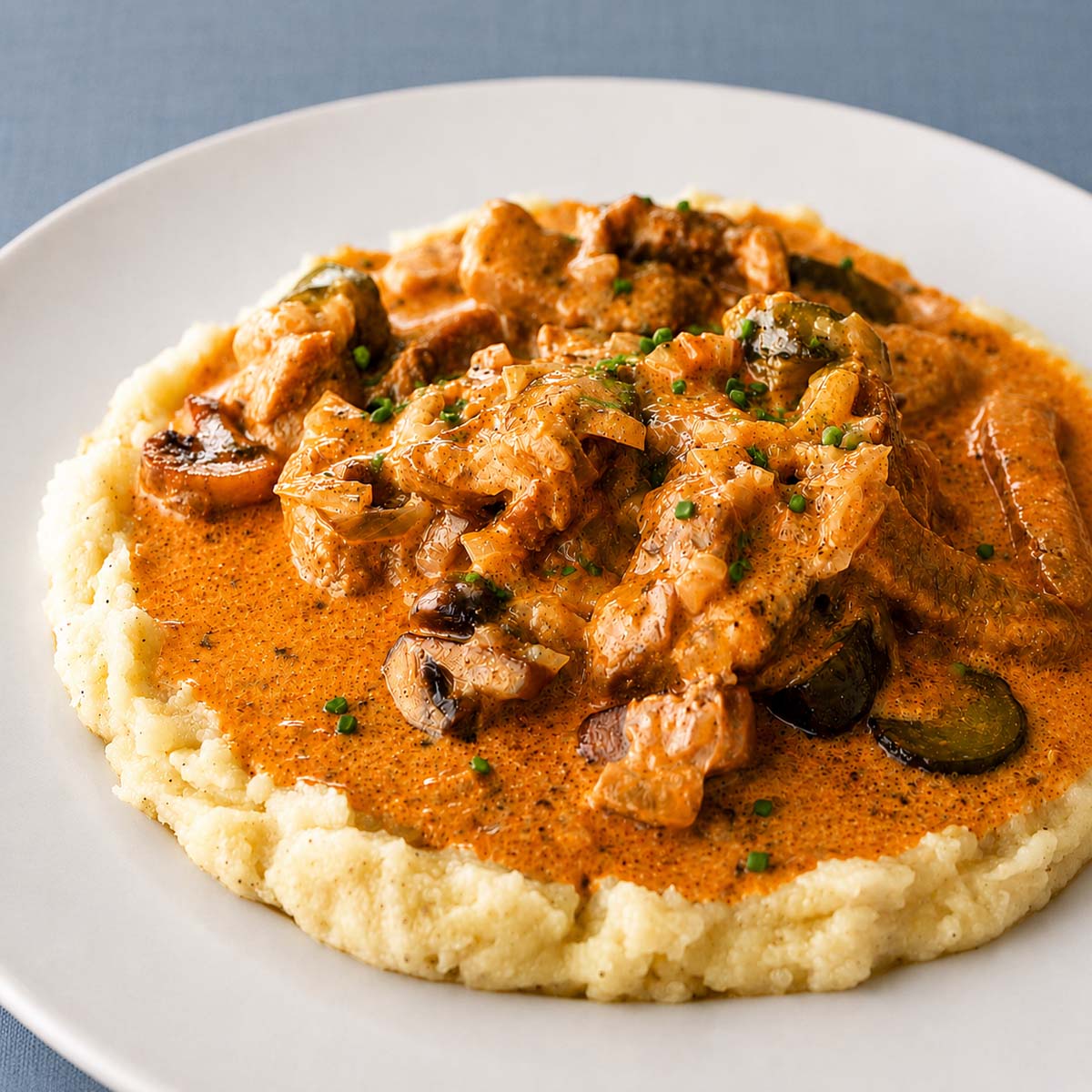 Creamy pork stroganoff with mushrooms and pickles served over mashed potatoes in a rich cream sauce
