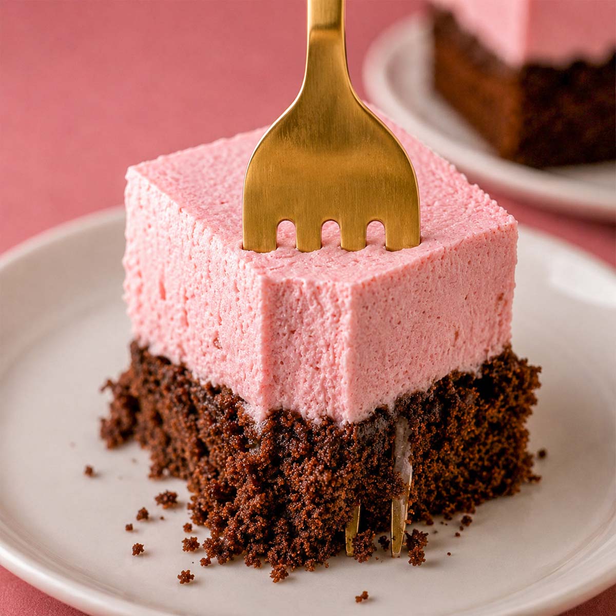 Raspberry mousse chocolate cake with a creamy pink mousse layer and rich chocolate cake base