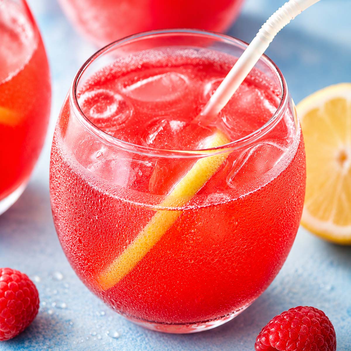 Bright raspberry pink lemonade with ice and fresh lemon slices in a frosted glass, styled with raspberries