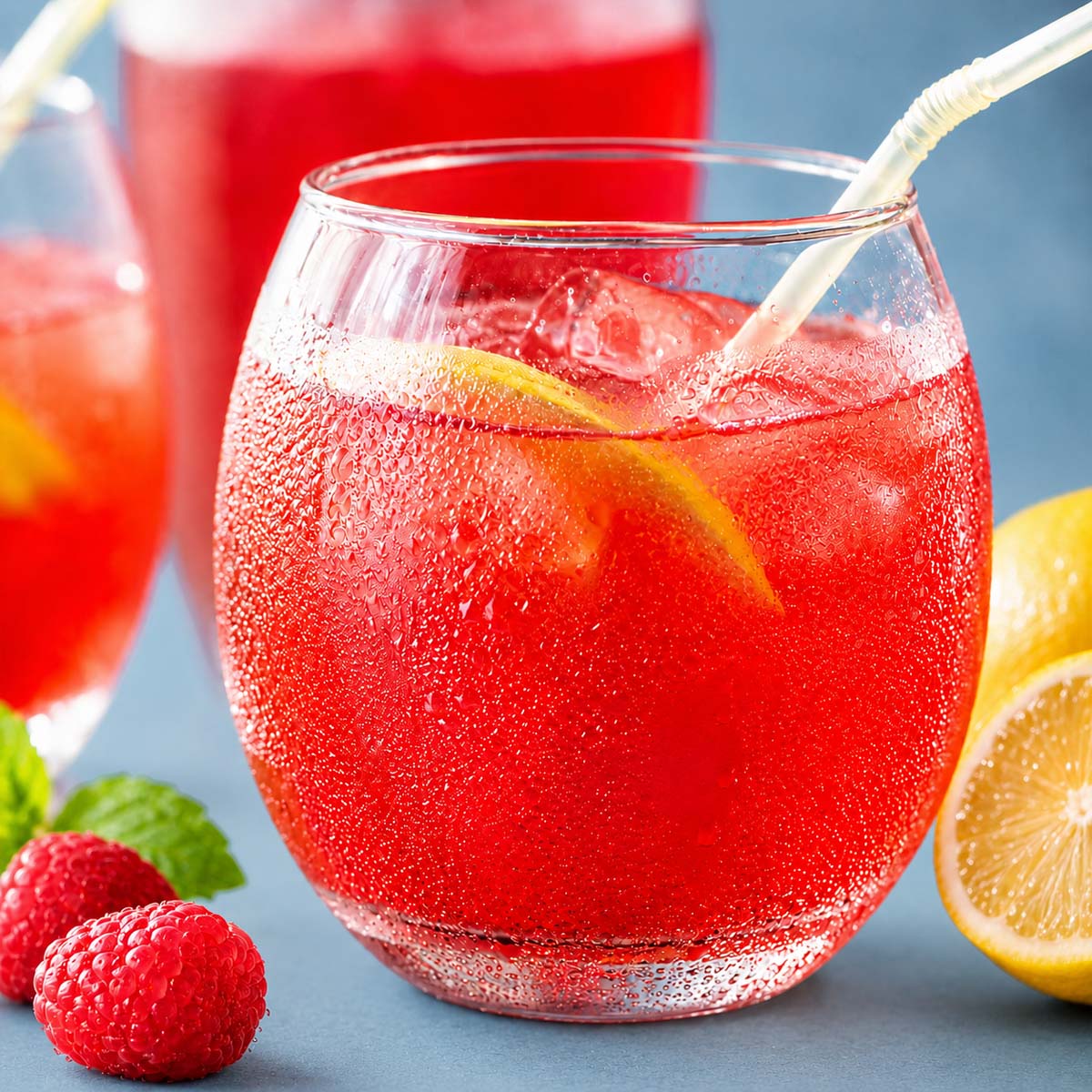 Refreshing raspberry pink lemonade served over ice in a chilled glass with fresh raspberries, lemon slices
