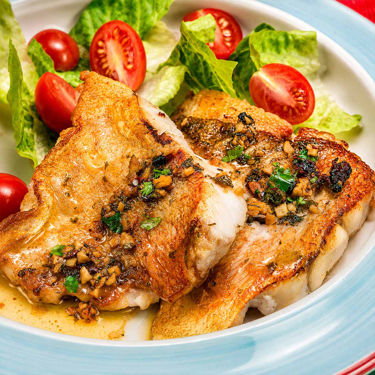 close up Pan Seared Rock Fish with garlic herb butter sauce served with fresh lettuce and cherry tomatoes