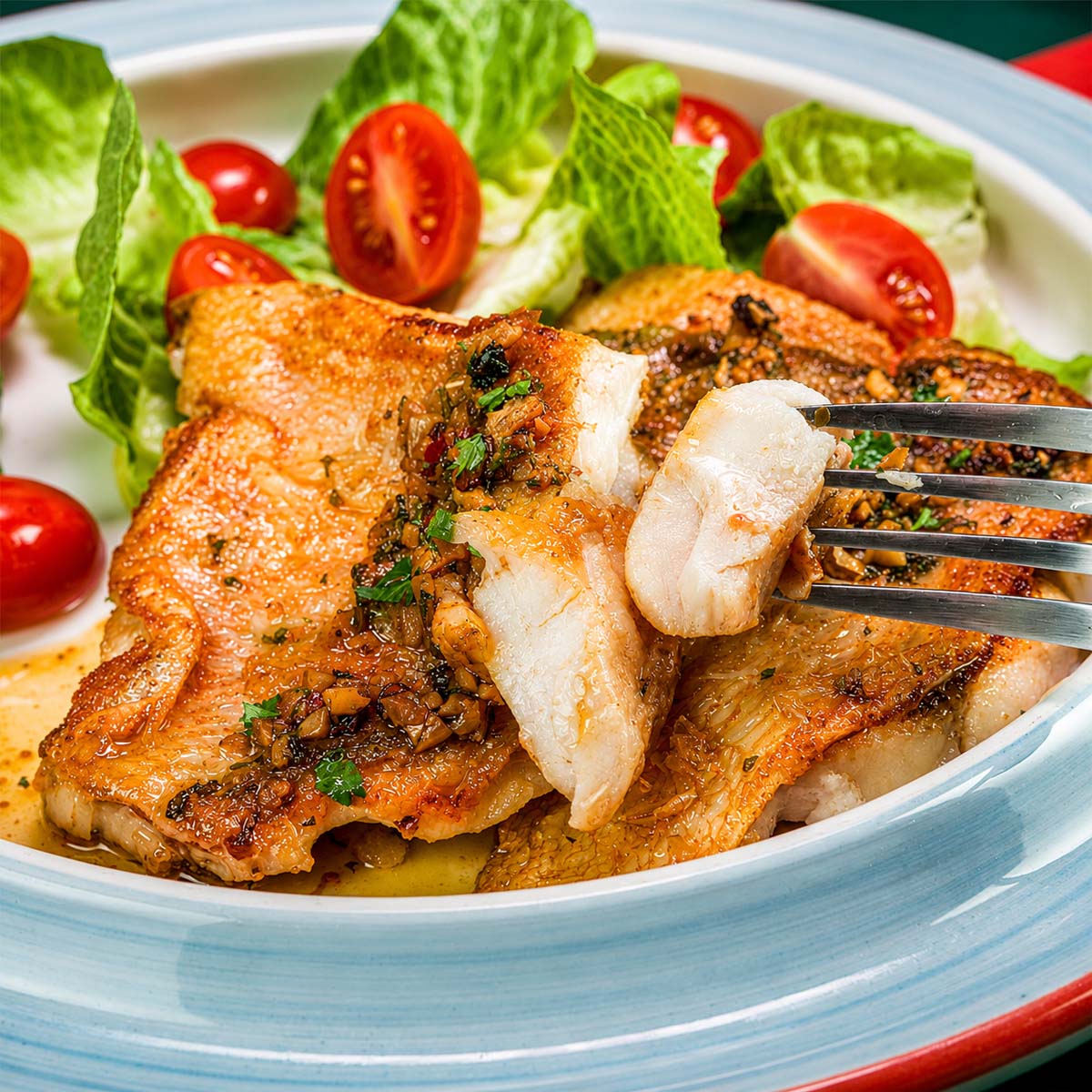 Pan Seared Rock Fish with crispy golden skin and garlic herb sauce, served with fresh salad and a fork holding a flaky bite of fish