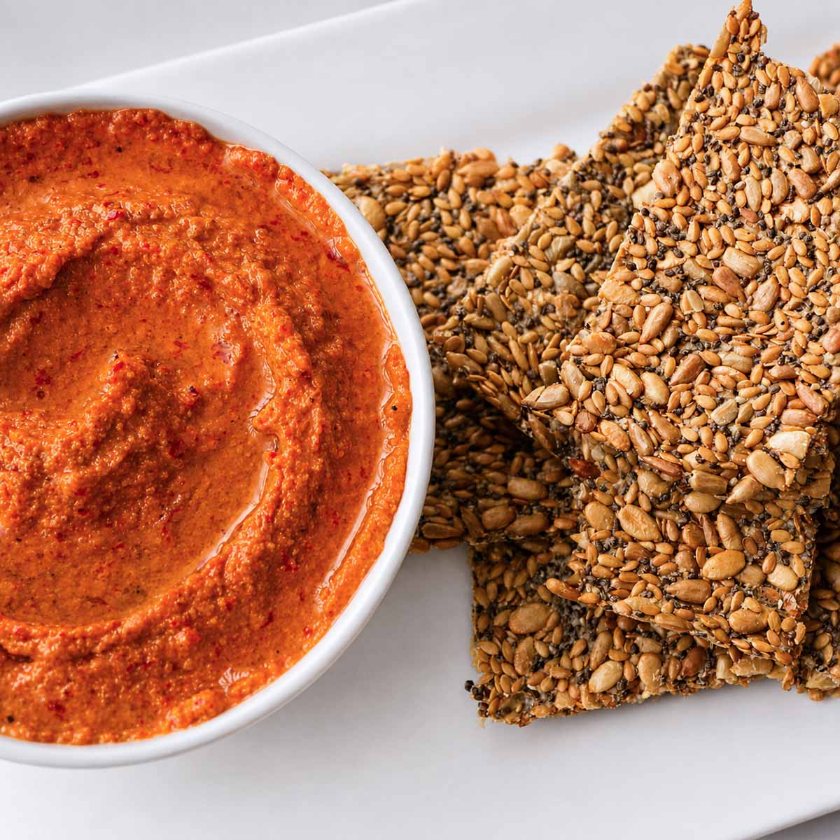 seed crackers served with red pepper dip on a white plate showing crispy texture and mixed seeds