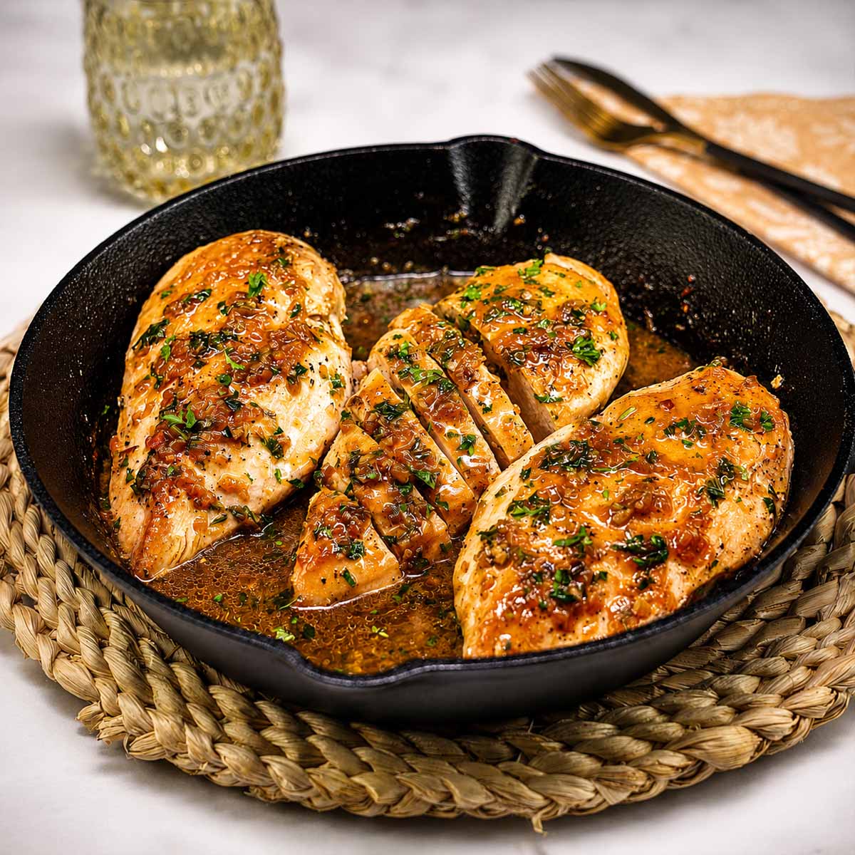 Cast iron chicken breasts cooked in a skillet with buttery garlic sauce and fresh parsley