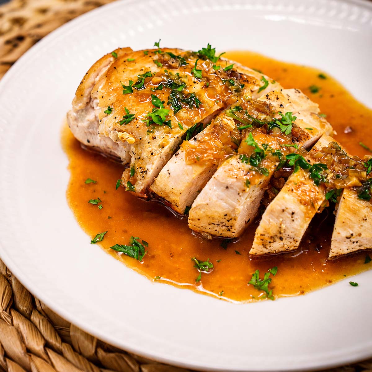 Sliced cast iron chicken breasts served with buttery pan sauce and fresh parsley on a white plate