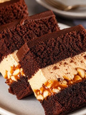 Fudgy Snickers Brownies with Peanut Butter Cheesecake filling, caramel, and peanuts layered between rich chocolate brownie cake slices.