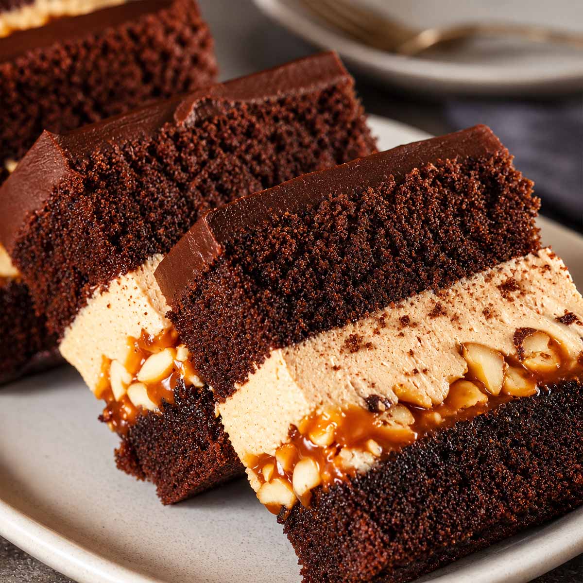 Fudgy Snickers Brownies with Peanut Butter Cheesecake filling, caramel, and peanuts layered between rich chocolate brownie cake slices.