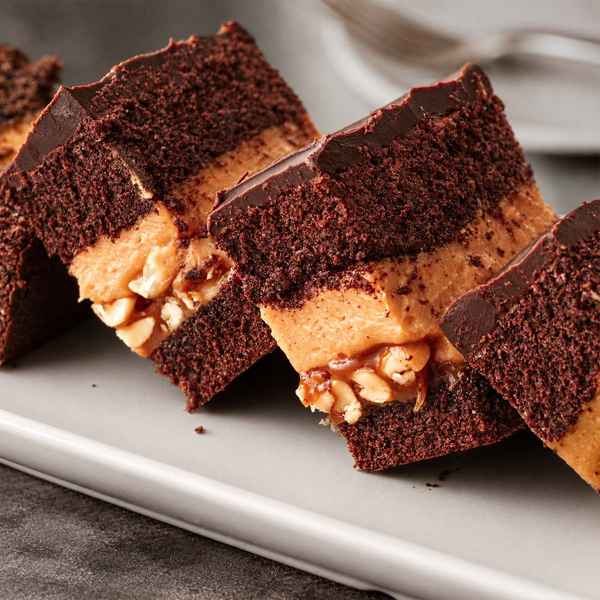 Close-up of Fudgy Snickers Brownies with Peanut Butter Cheesecake layers, caramel peanut filling, and rich chocolate brownie cake