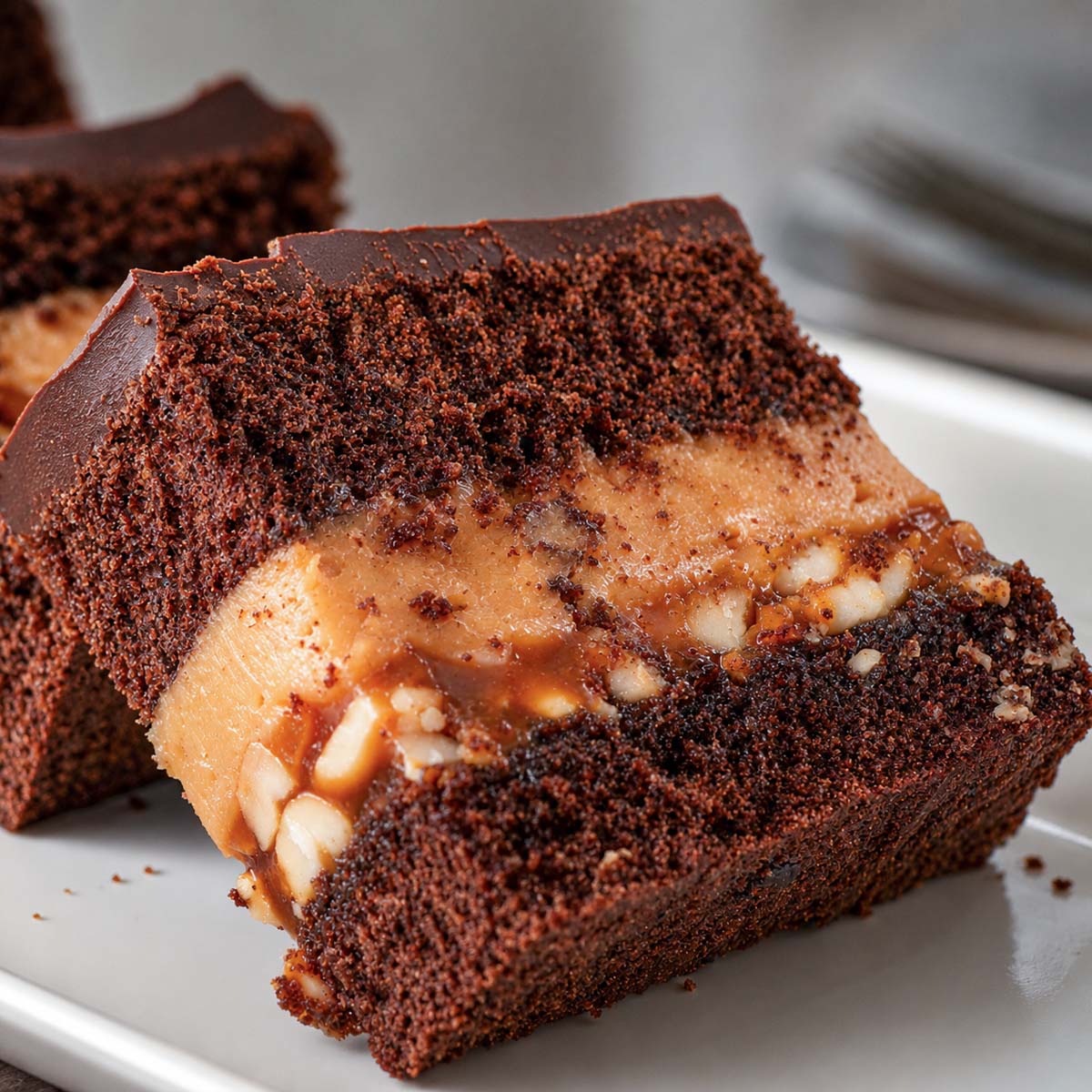 Close-up of Fudgy Snickers Brownies with Peanut Butter Cheesecake layers, caramel peanut filling