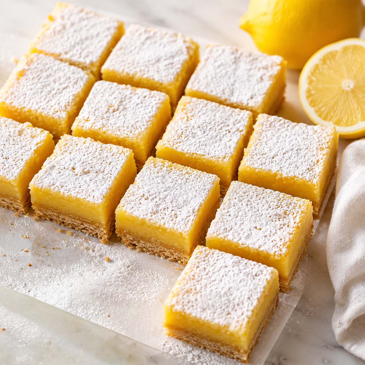 Soft lemon squares dusted with powdered sugar on a marble surface with fresh lemon slices and a buttery crust visible in each creamy layer