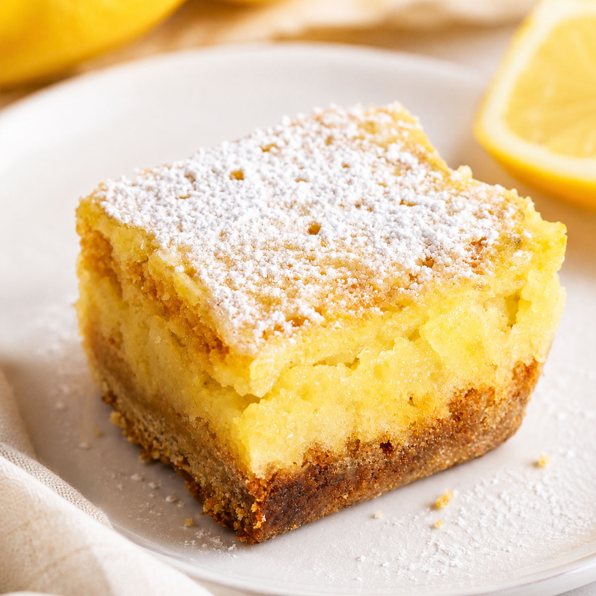 Close-up of a soft lemon square with a creamy lemon filling, buttery crust, and powdered sugar topping served on a white plate