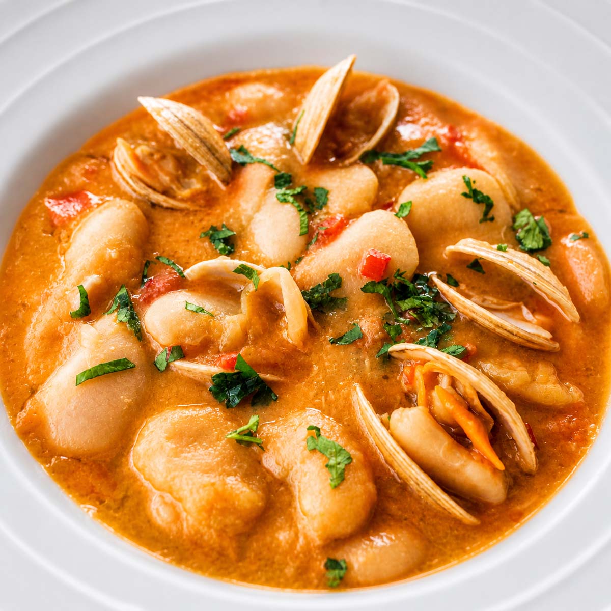 Spanish Bean Soup with Clam (Alubias Blancas con Almejas) served in a white bowl, featuring creamy white beans, tender clams in shell, and a rich broth topped with fresh herbs