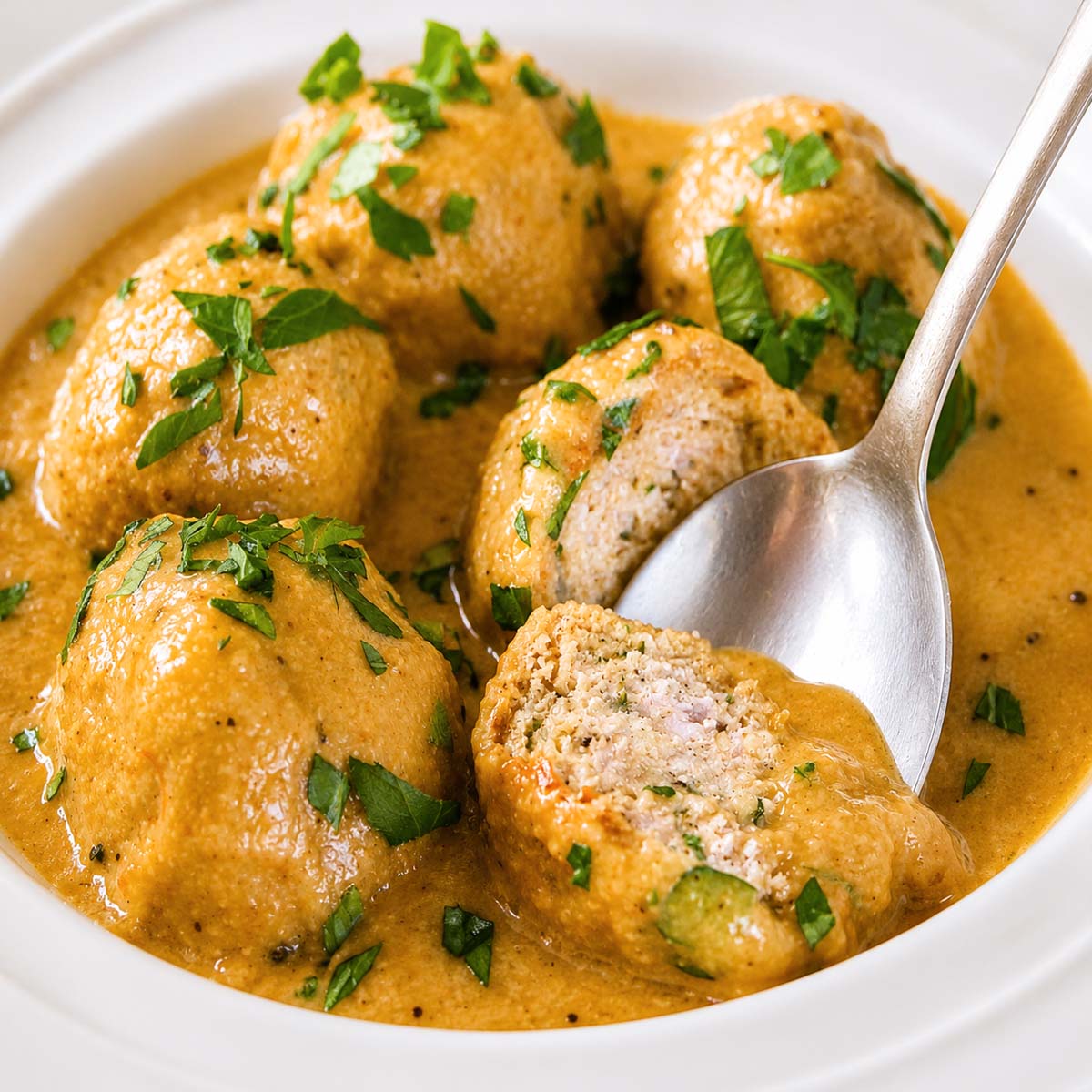 Spanish Meatballs in Almond Sauce (Albóndigas en Salsa de Almendras) served in a rich saffron almond sauce, garnished with fresh parsley and shown with a spoon revealing the tender meatball interior.