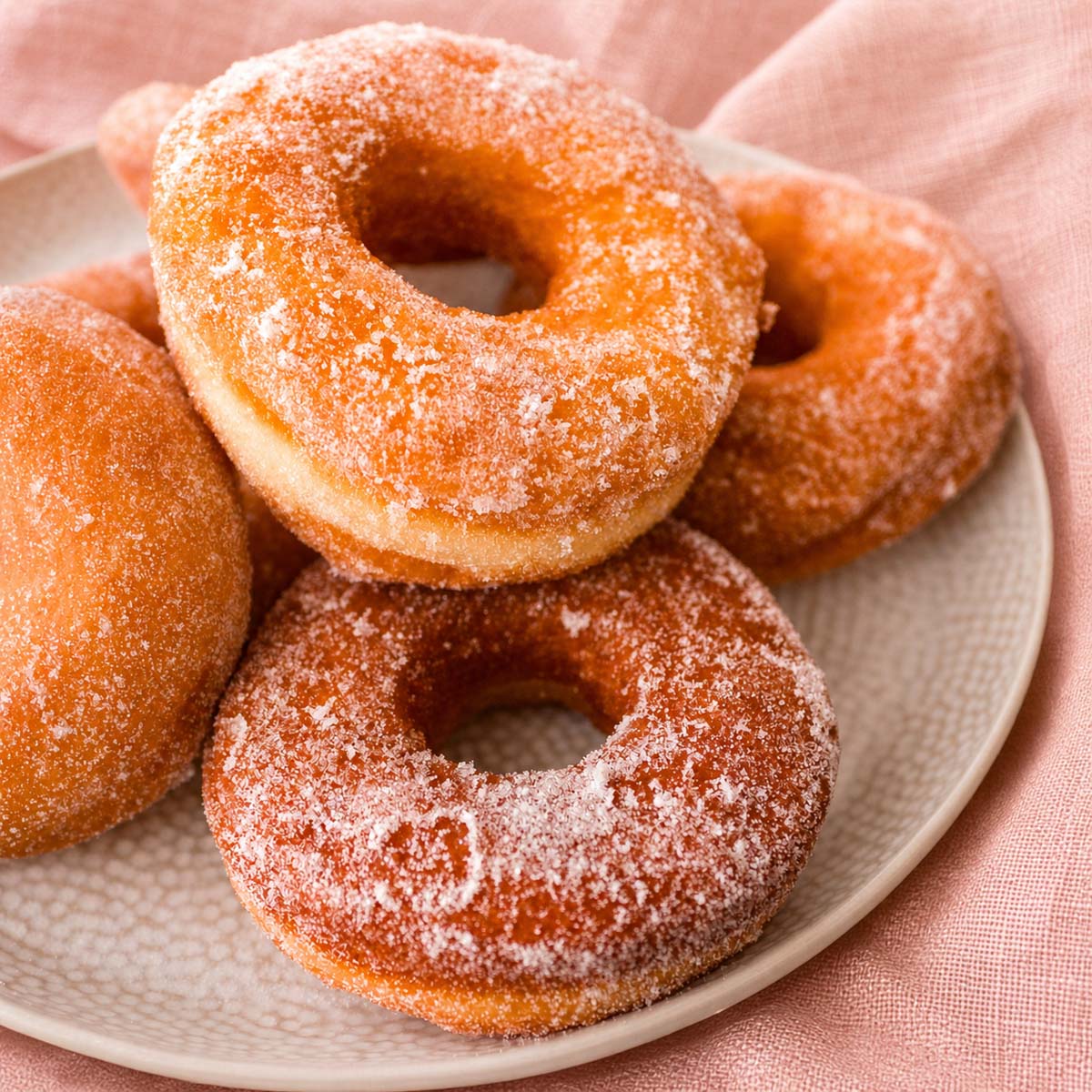 easy sugar donuts on a plate with a soft crumb and crisp golden exterior, dusted with sugar