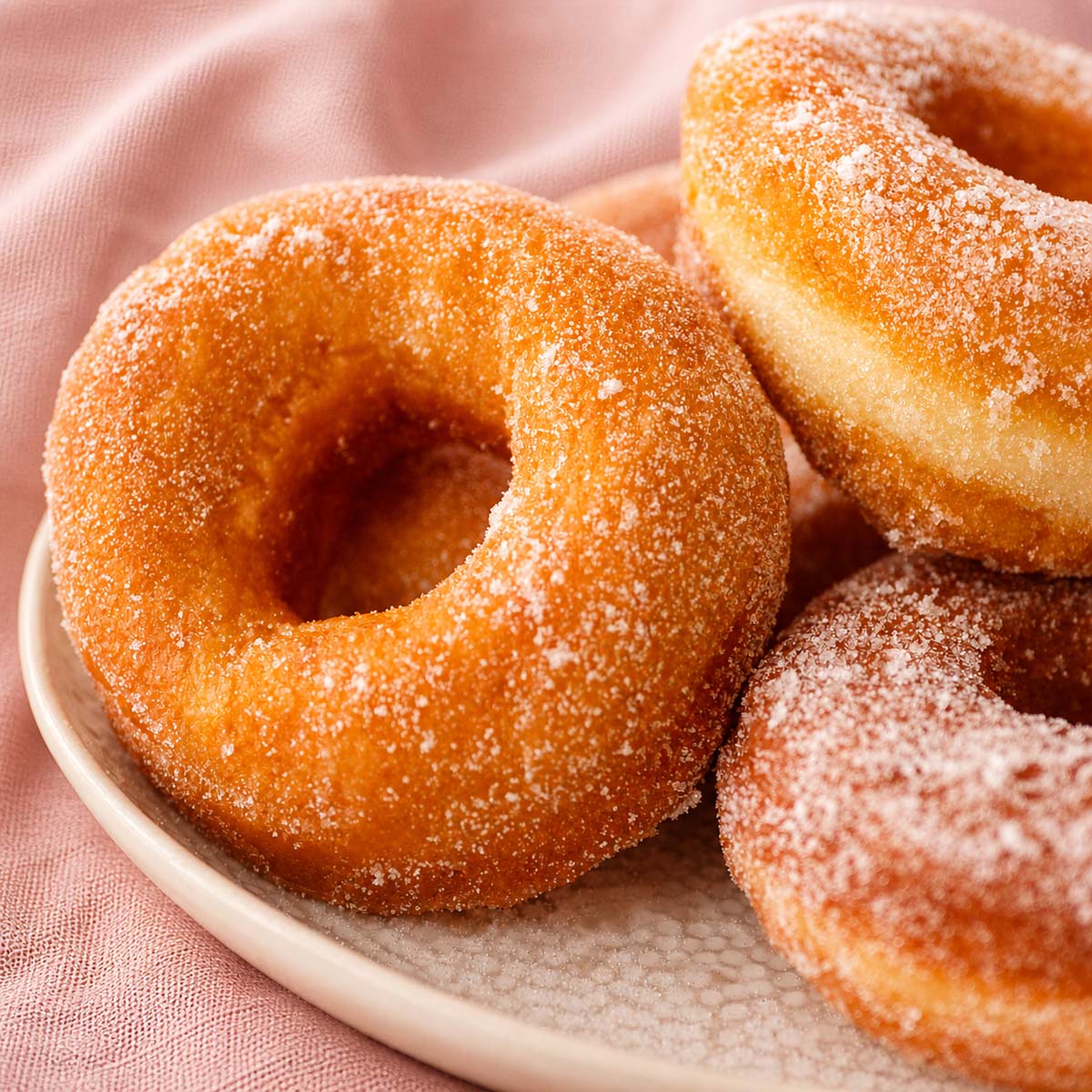 easy sugar donuts on a plate with a soft crumb and crisp golden exterior, dusted with sugar
