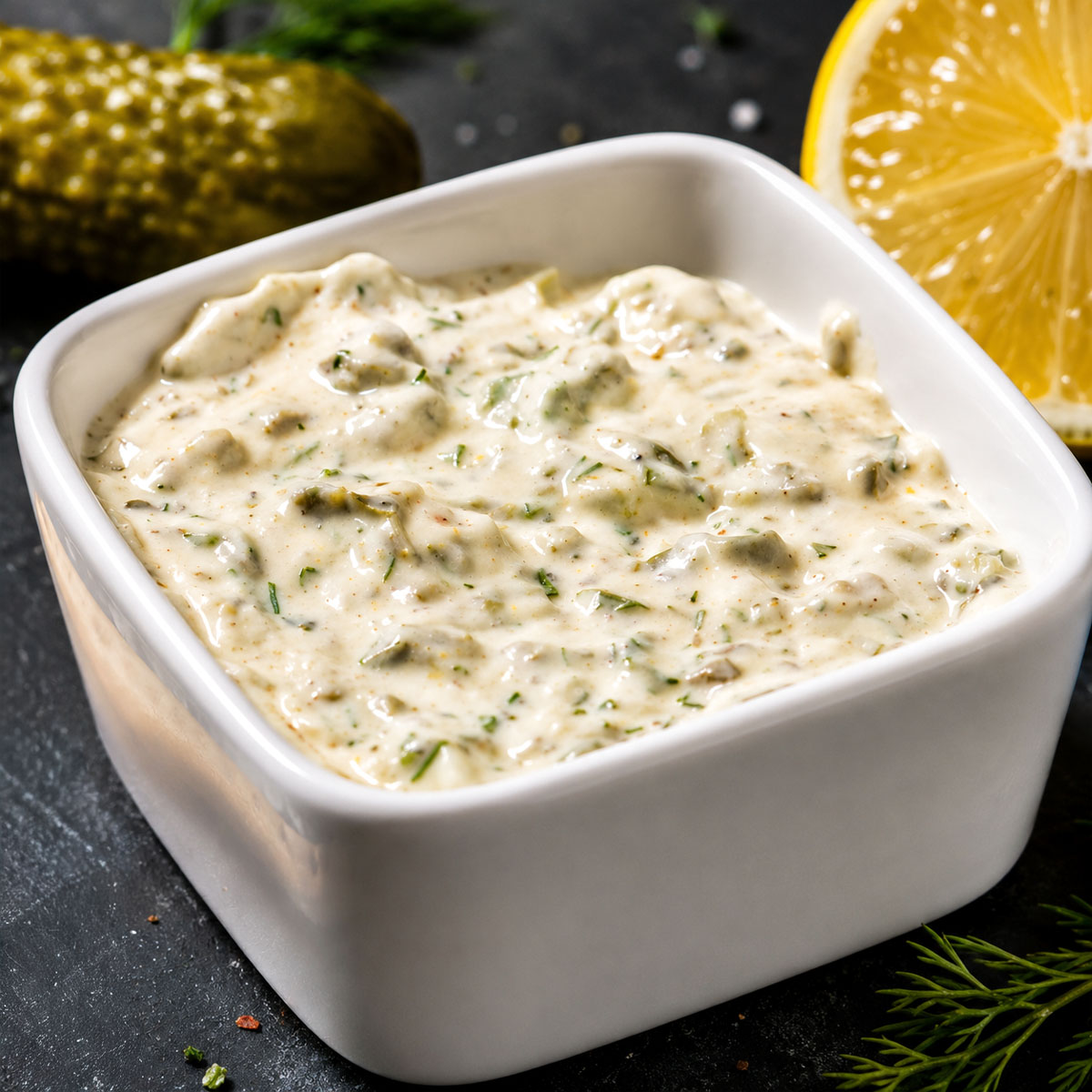 Close up Homemade Tartar Sauce in a white bowl with pickles, lemon, and fresh herbs