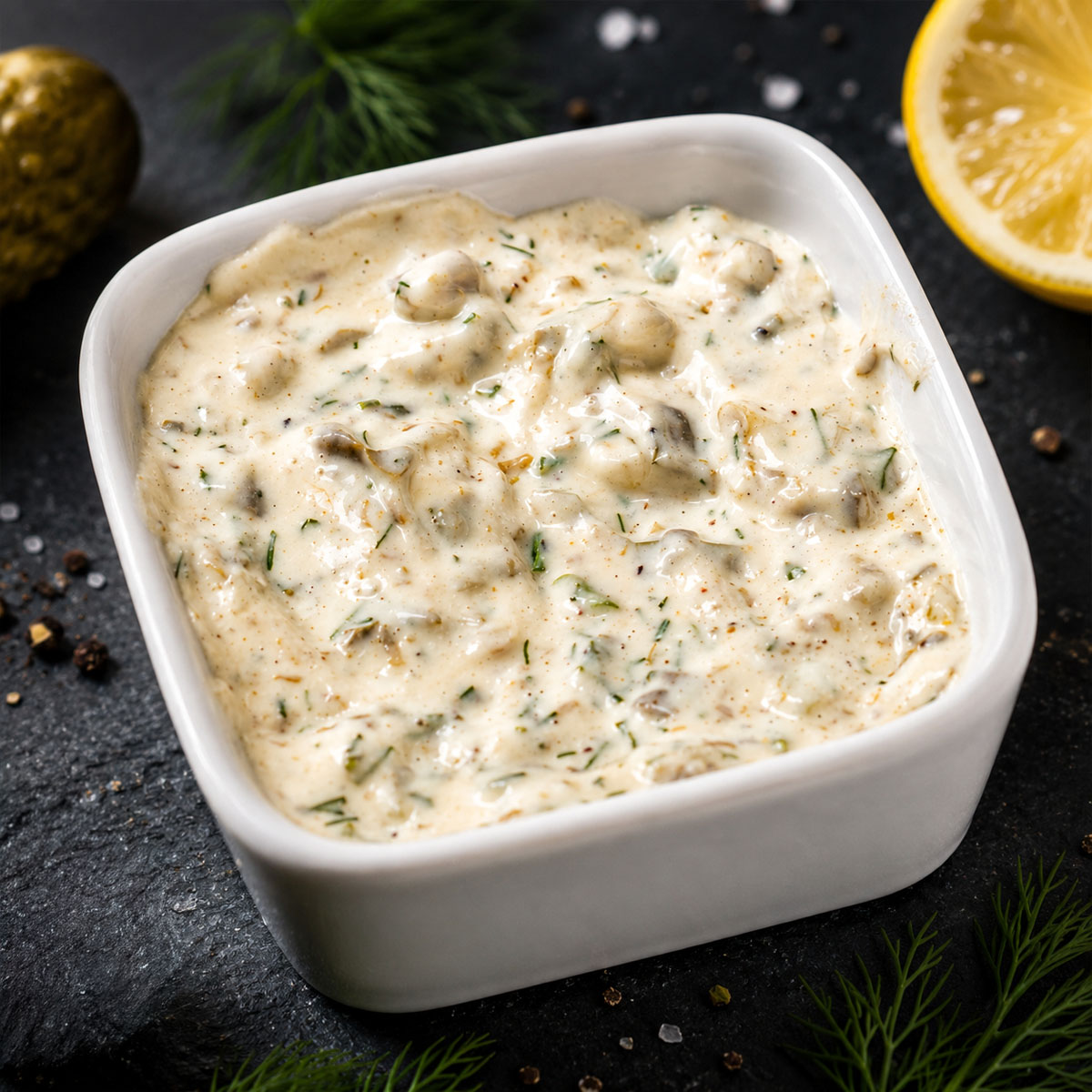 Homemade Tartar Sauce in a white bowl with pickles, lemon, and fresh herbs