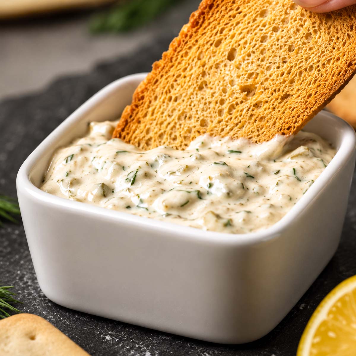 Creamy Homemade Tartar Sauce in a white bowl with toasted bread dipping into the sauce