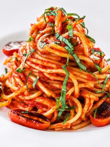 Cherry tomato pasta with roasted blistered tomatoes, fresh basil, and spaghetti in rich homemade tomato sauce