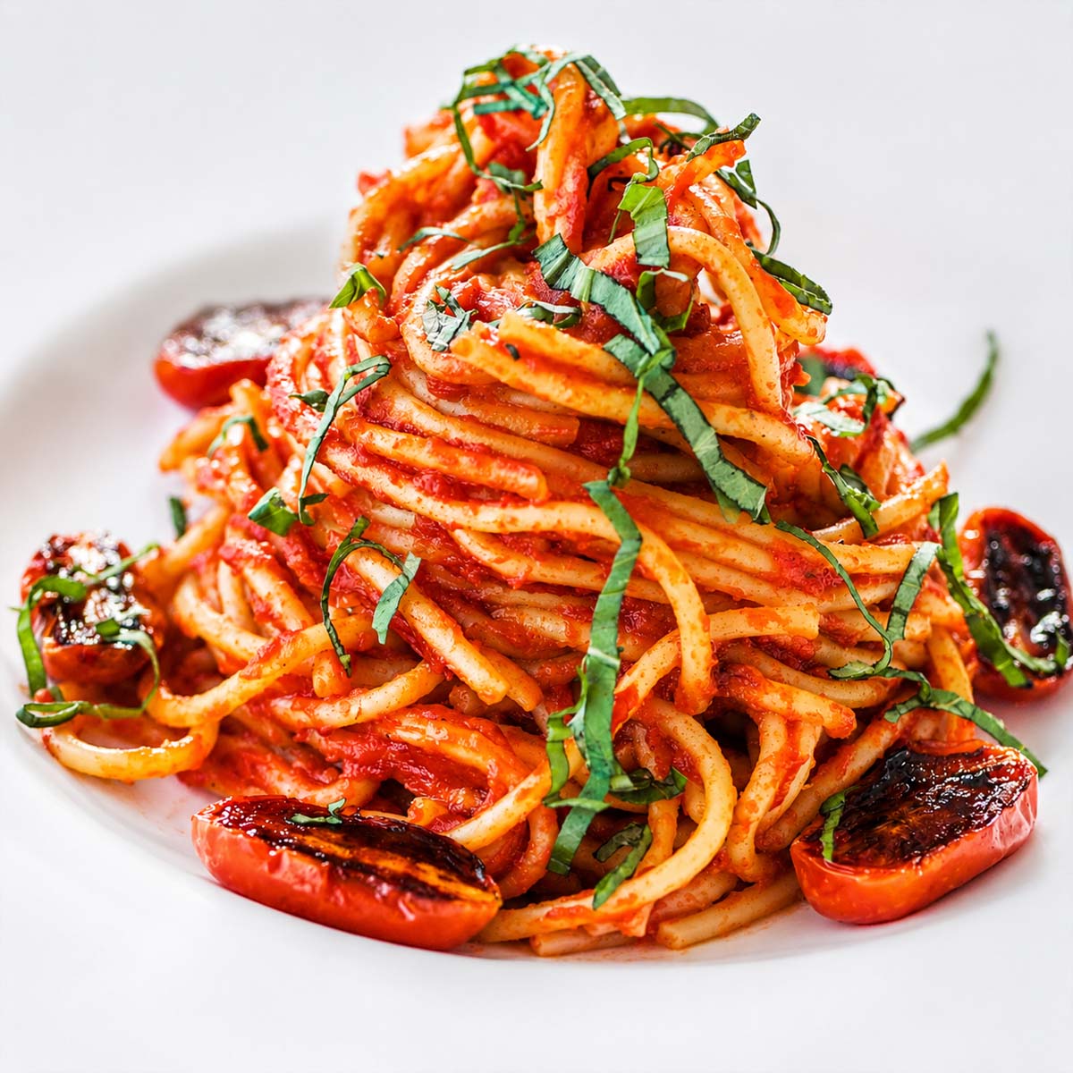 Cherry tomato pasta with roasted blistered tomatoes, fresh basil, and spaghetti in rich homemade tomato sauce