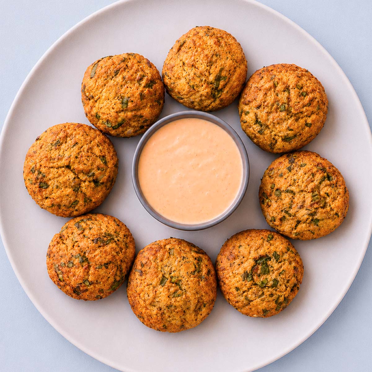 Crispy tuna and potato patties served with a creamy dipping sauce on a white plate.