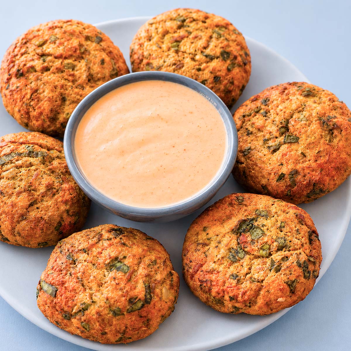 Close up crispy tuna and potato patties served with a creamy dipping sauce on a white plate.