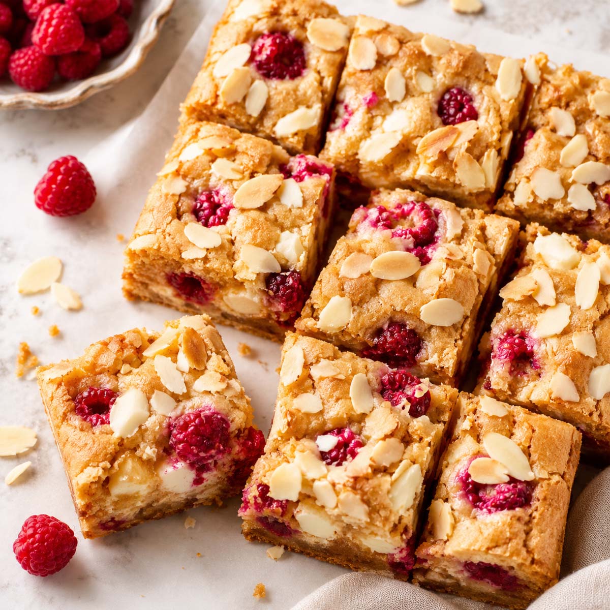 White chocolate raspberry blondies cut into squares with fresh raspberries and sliced almonds