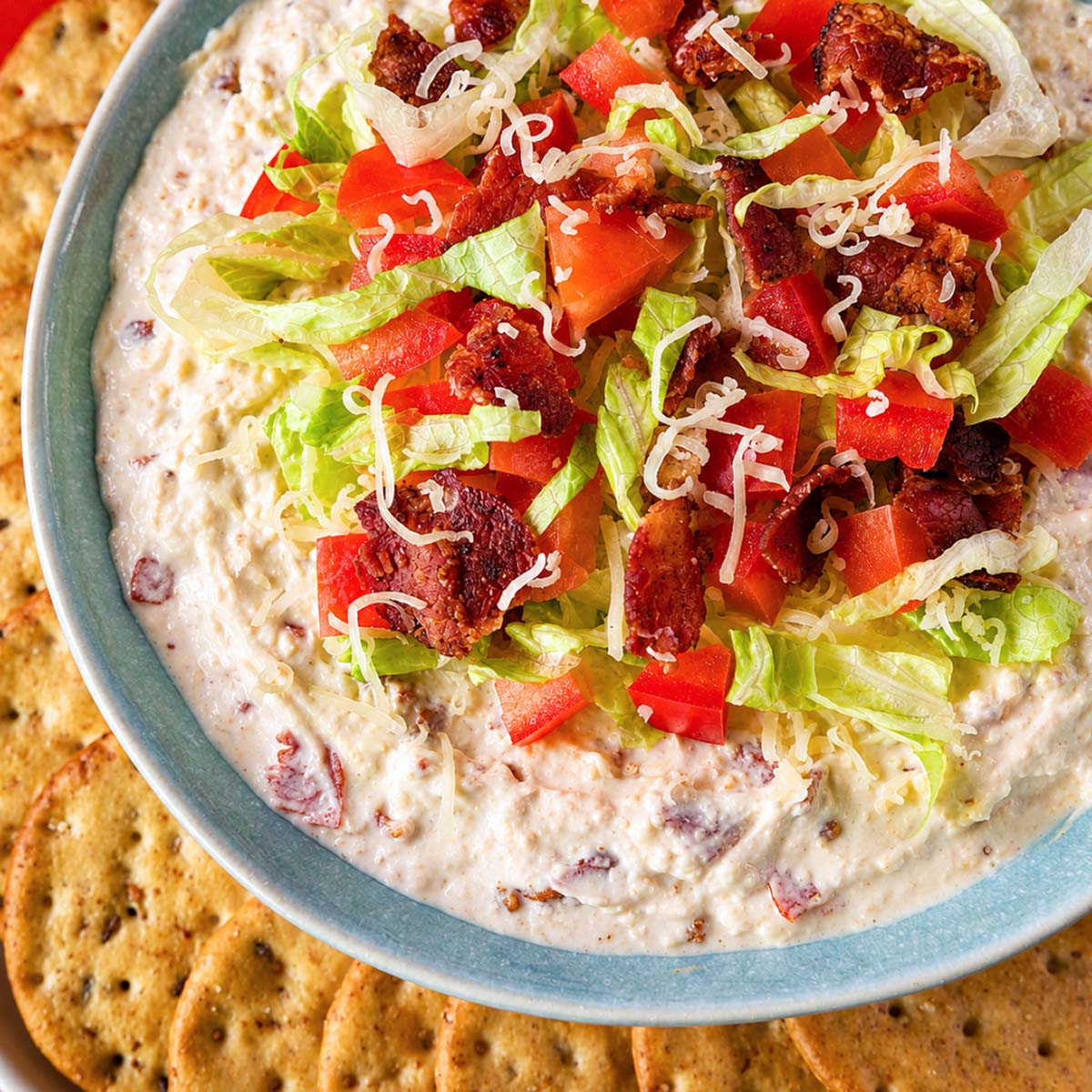 Close-up of creamy BLT dip in a bowl, topped with shredded romaine, diced tomatoes, crispy bacon, and cheddar, with crackers around the edge.