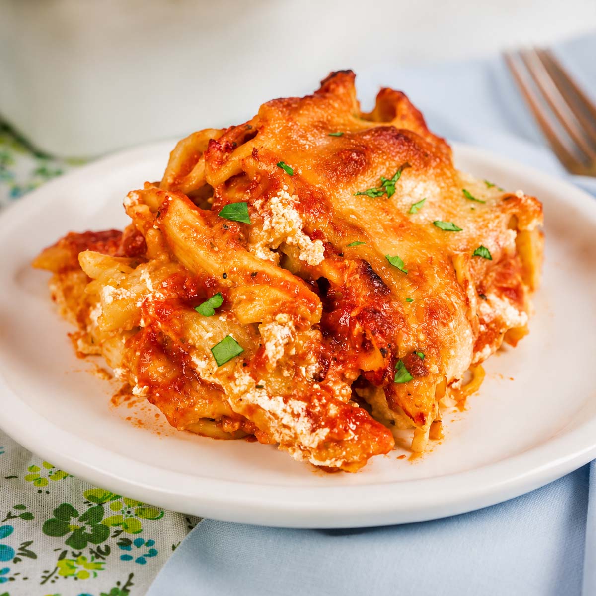 Baked Ziti with Ricotta and Mozzarella showing cheesy pasta layers and marinara sauce served on a plate