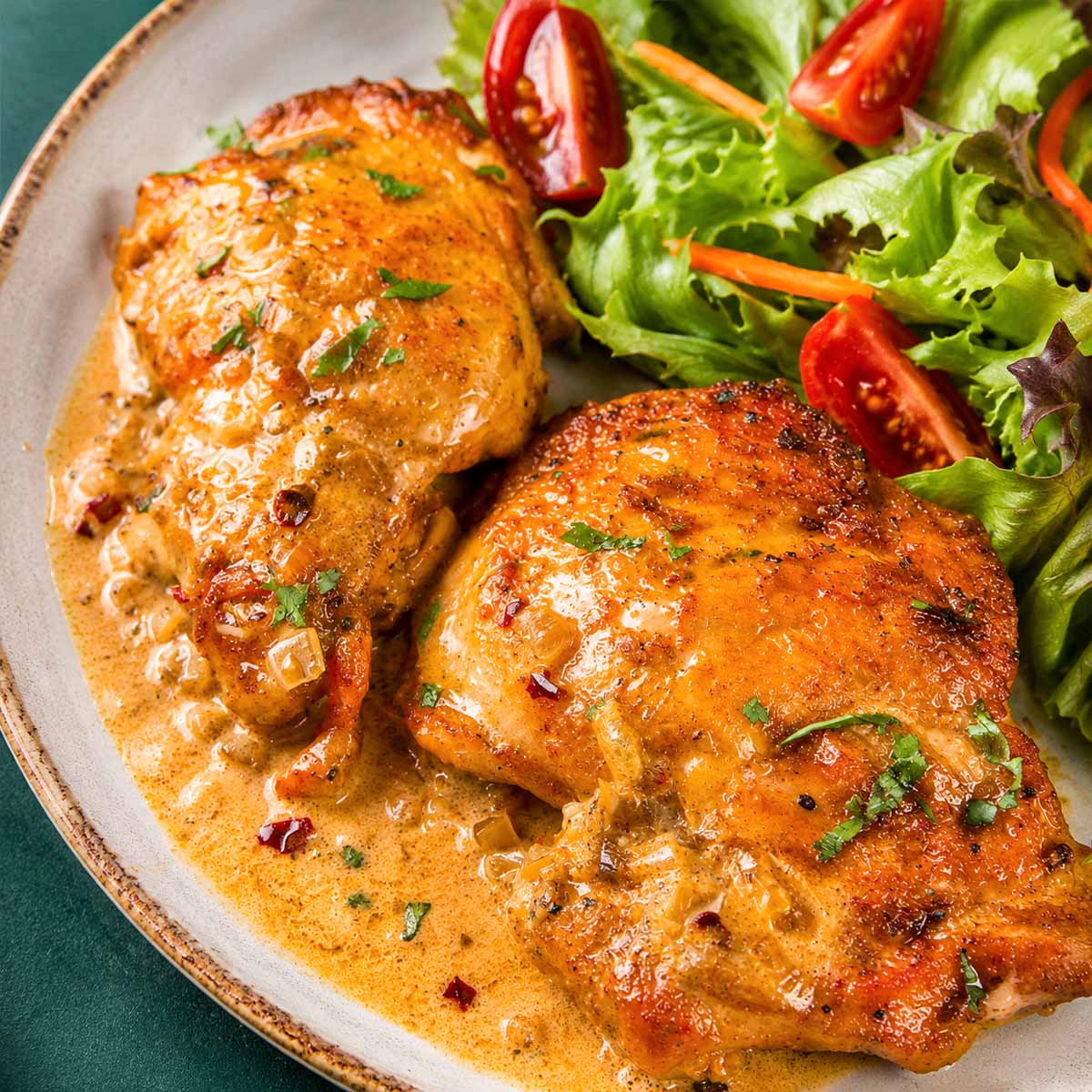 Plated boneless skinless chicken thighs coated in a creamy pan sauce, served with a mixed green salad and sliced cherry tomatoes. 