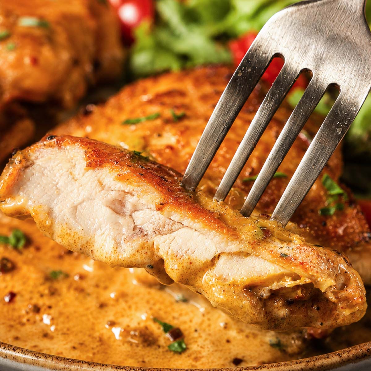 Fork holding a bite of tender chicken thigh coated in creamy sauce, with the plated chicken and salad blurred in the background. 