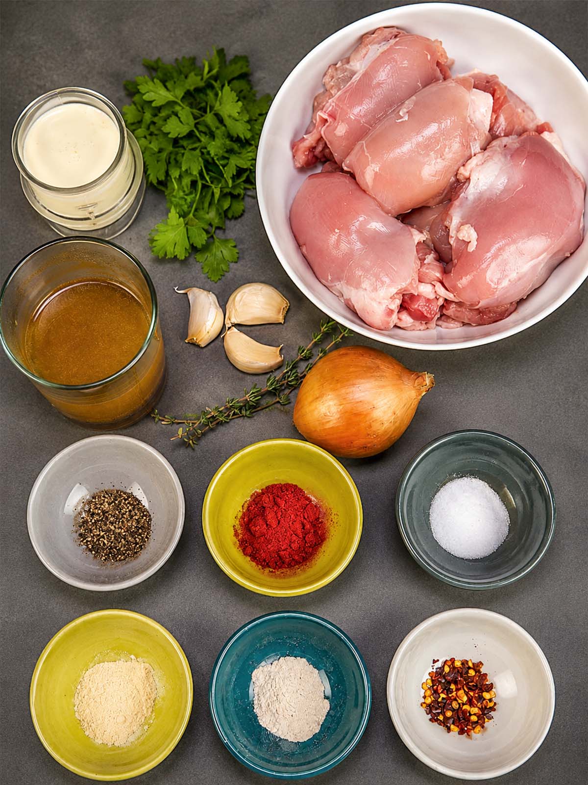 Ingredients for boneless skinless chicken thighs laid out on a counter, including raw chicken thighs, chicken stock, cream, onion, garlic, thyme, parsley, paprika, salt, pepper, flour, and red pepper flakes. 