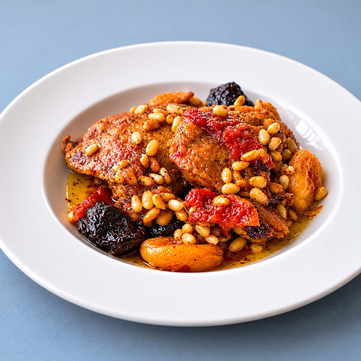 Braised Chicken Thighs with Prunes and Apricots topped with toasted pine nuts, slow-cooked until tender and served in a rich Mediterranean-style sauce.