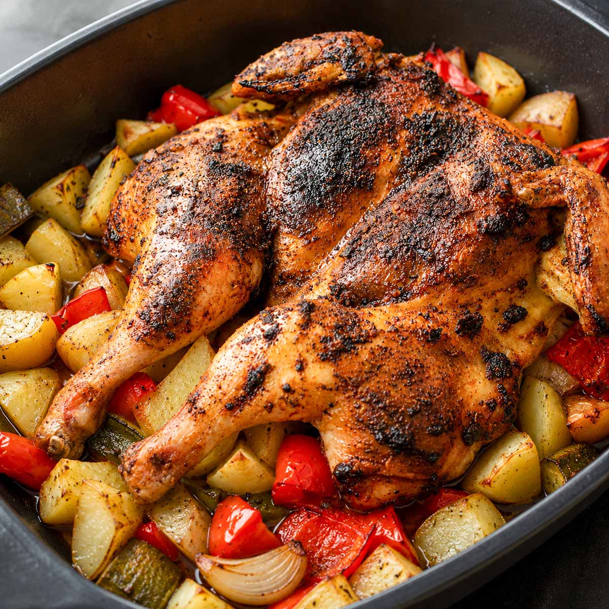 Chipotle roast chicken roasted over potatoes, peppers, and onions in a baking tray with smoky chipotle seasoning and crispy golden skin.