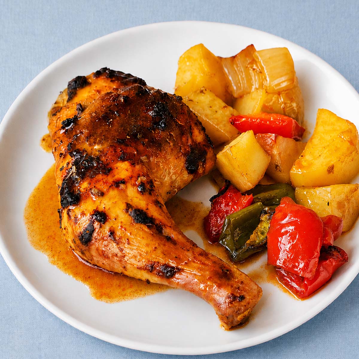 Serving of chipotle roast chicken with roasted potatoes, peppers, and onions on a white plate, featuring juicy chicken and smoky roasted vegetables.