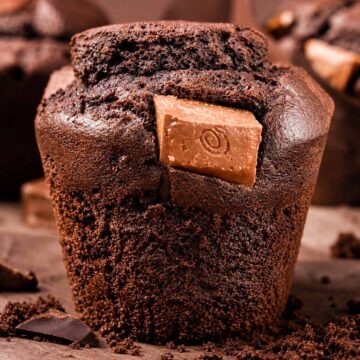 Close-up of a rich chocolate muffin with a milk chocolate square baked into the top, sitting in a brown paper liner.