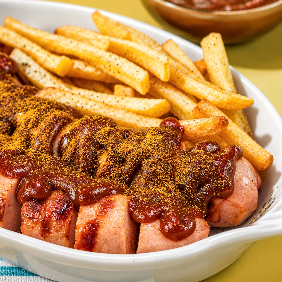 Close up Currywurst with crispy fries topped with rich curry ketchup sauce and curry powder