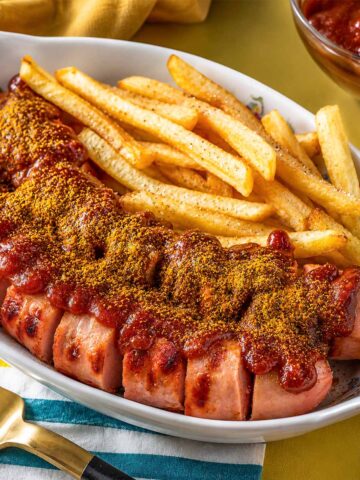 Currywurst with crispy fries topped with rich curry ketchup sauce and curry powder