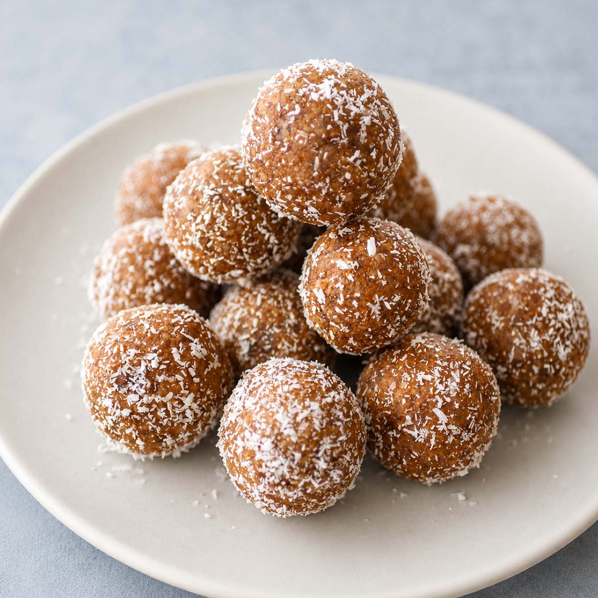 Close up Date and Walnut Energy Balls (Easy No-Bake Snack) dusted with coconut on a white plate.