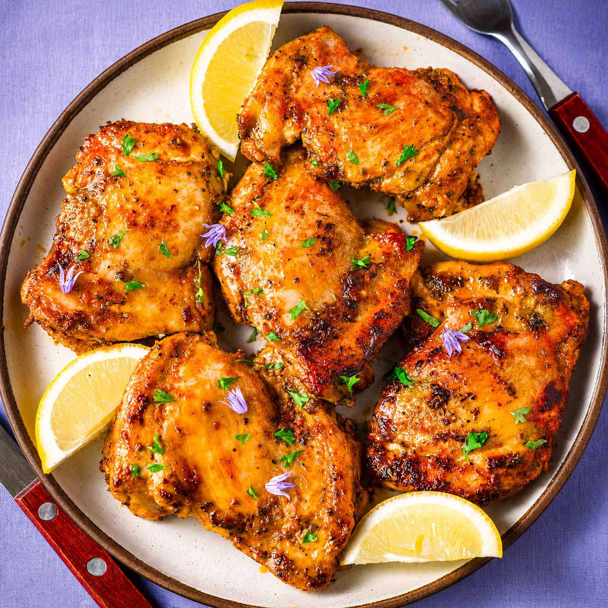 Greek chicken thighs with golden, herb-marinated meat and lemon wedges on a white plate, ready to serve as an easy Mediterranean dinner.