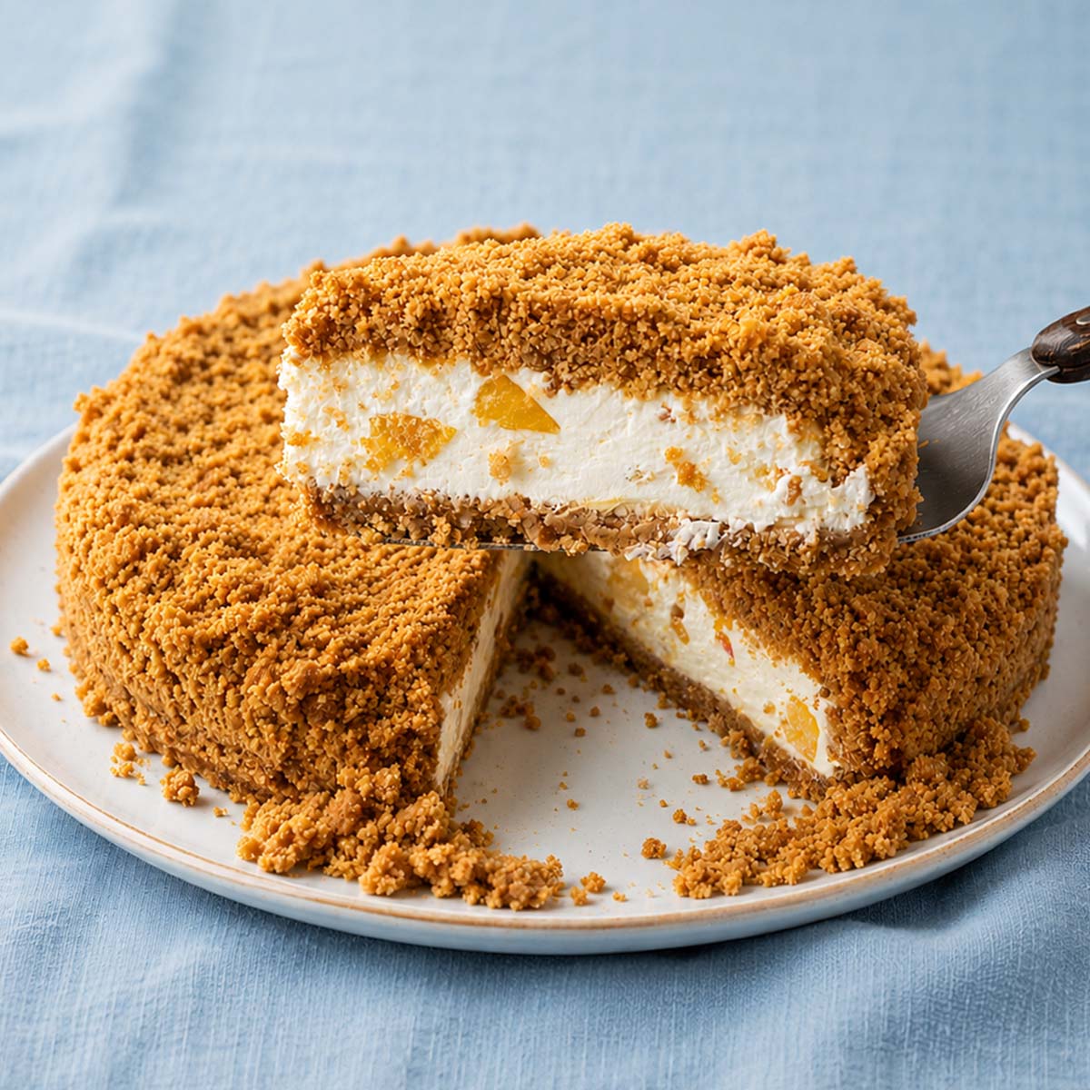 Peach cheesecake slice with crumb topping on a white plate, featuring a creamy no-bake filling and peach pieces