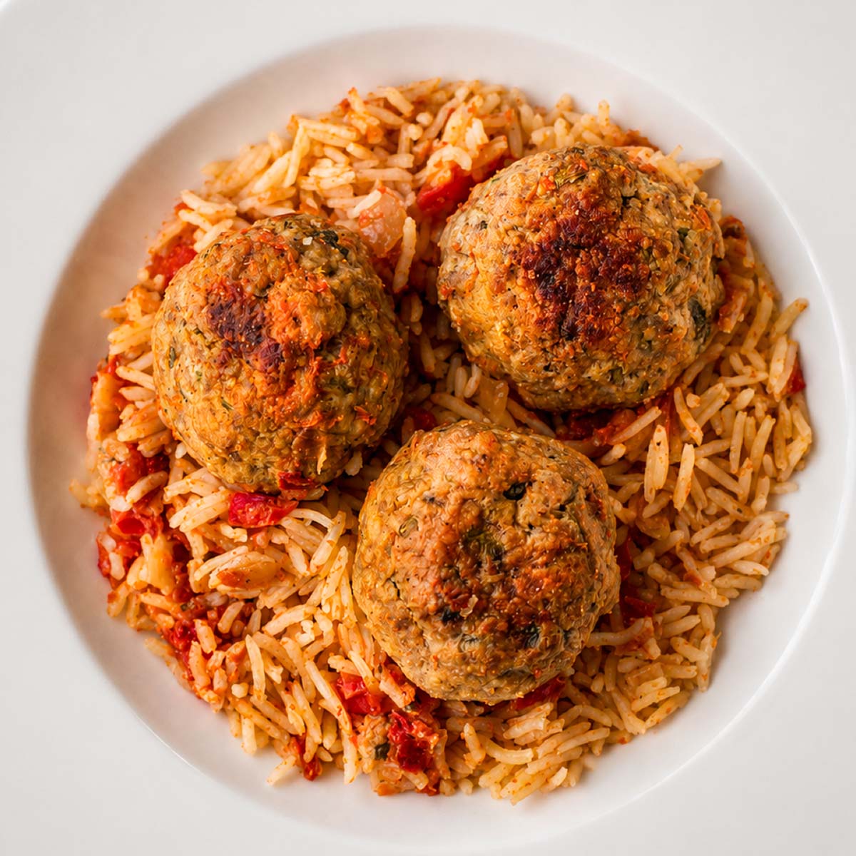 One pan meatballs and rice served in a white bowl, featuring juicy homemade meatballs over seasoned tomato rice