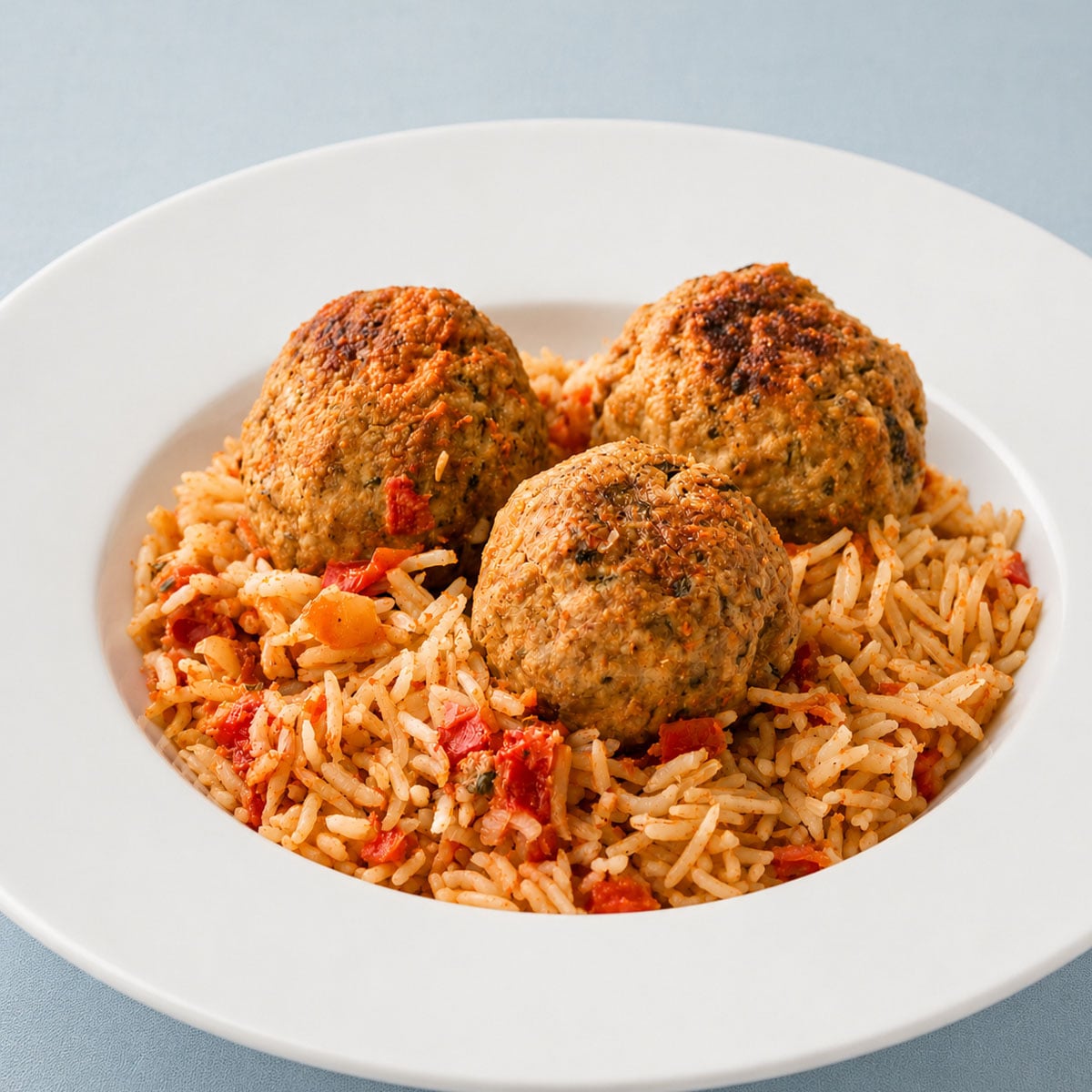 Close up one pan meatballs and rice served in a white bowl, featuring juicy homemade meatballs over seasoned tomato rice