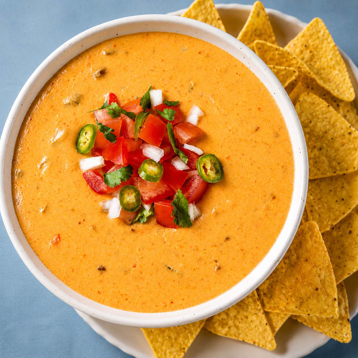 Creamy queso dip topped with diced tomatoes, jalapeño slices, onion, and cilantro, served with tortilla chips.