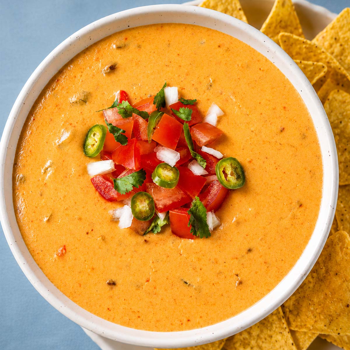 Creamy queso dip topped with pico de gallo and sliced jalapeños, served with corn tortilla chips.