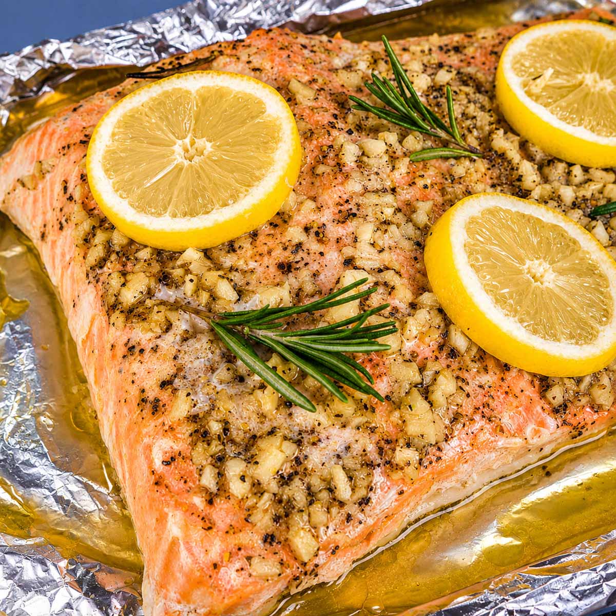 Close-up of baked salmon in foil with lemon slices, fresh rosemary, and buttery garlic juices pooling in the foil.