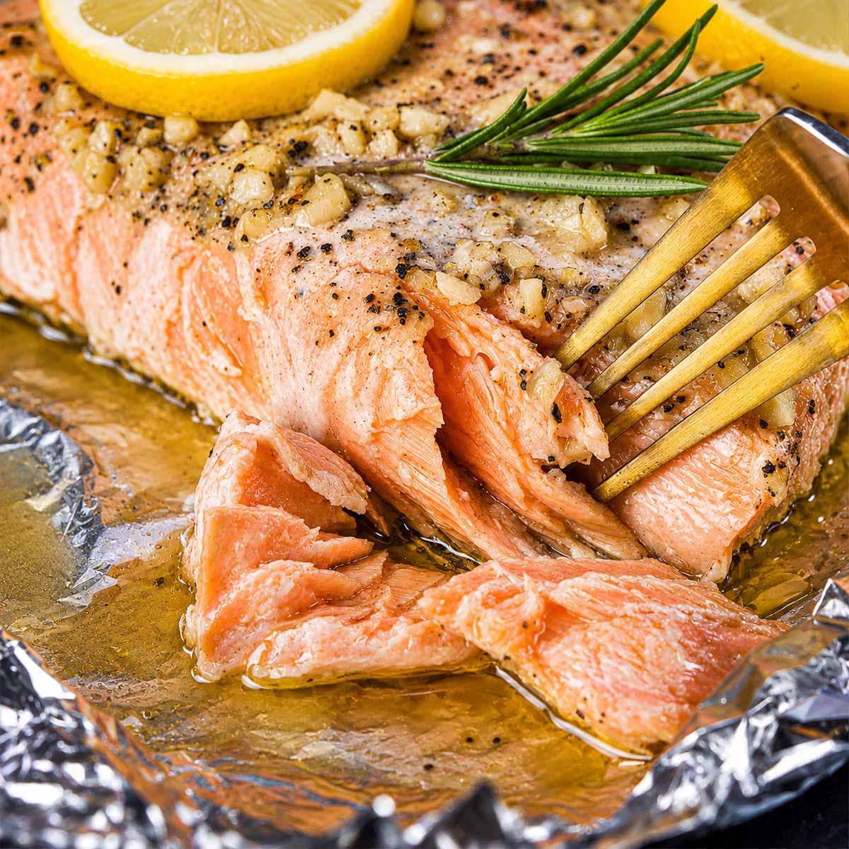 Fork flaking baked salmon in foil, showing tender, moist salmon with lemon, rosemary, and garlic butter juices in the foil packet.