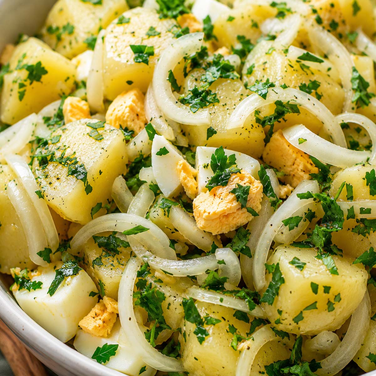 Close up Spanish potato salad made with tender potatoes, sliced onions, hard-boiled eggs, fresh parsley, olive oil, and vinegar dressing
