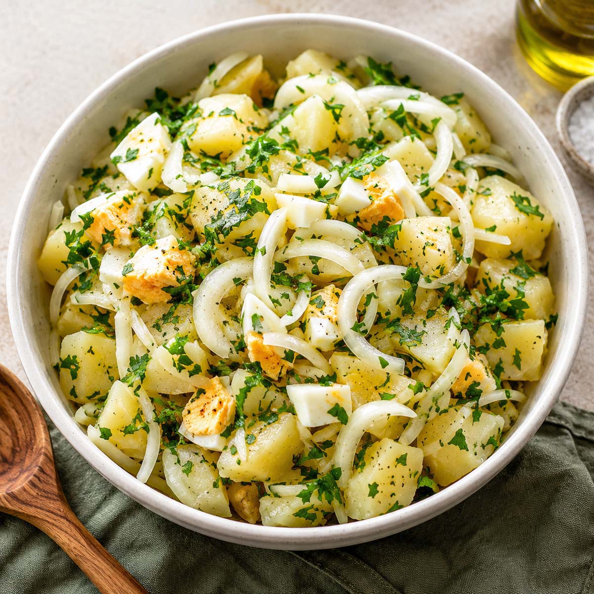 Spanish potato salad made with tender potatoes, sliced onions, hard-boiled eggs, fresh parsley, olive oil, and vinegar dressing